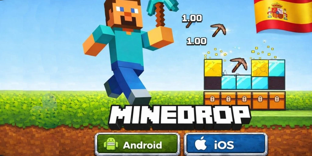 Steve caminando sobre fondo de juego MineDrop con botones de descarga Android e iOS - Minedrop App para móvil