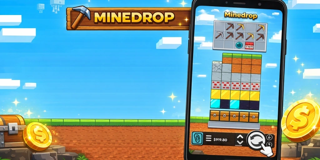 Fondo de juego Mine Drop con teléfono mostrando gameplay - Minedrop App móvil en acción