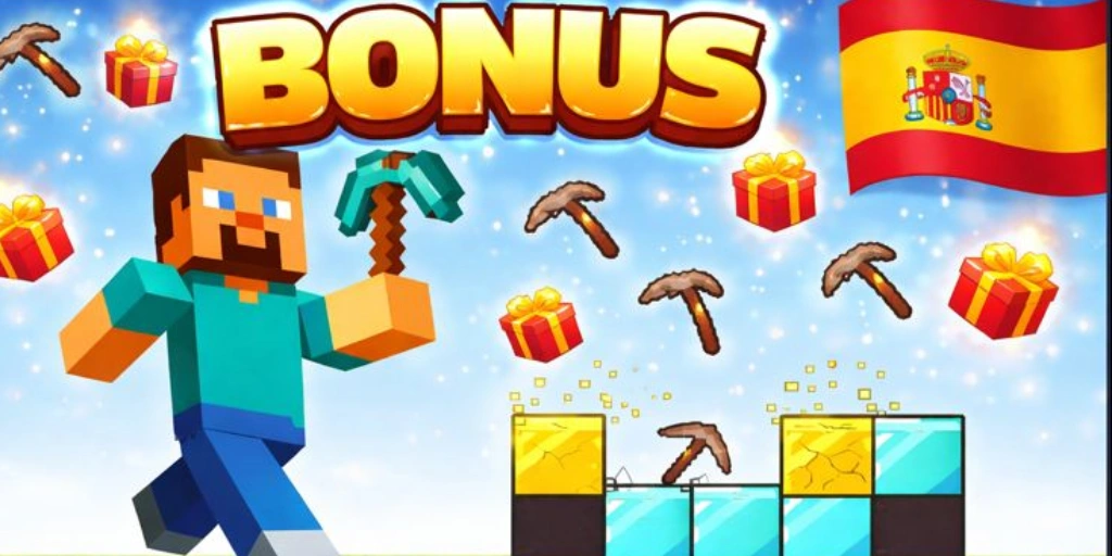 Steve caminando sobre texto bonus con montón de regalos y bandera de España - MineDrop Bonus España