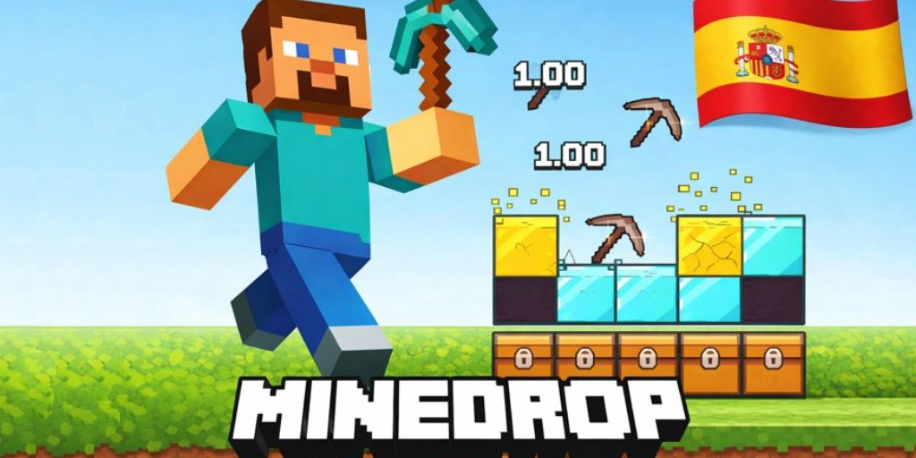 Steve caminando sobre gameplay de MineDrop con bandera de España - Nuevo juego online Mine Drop en España