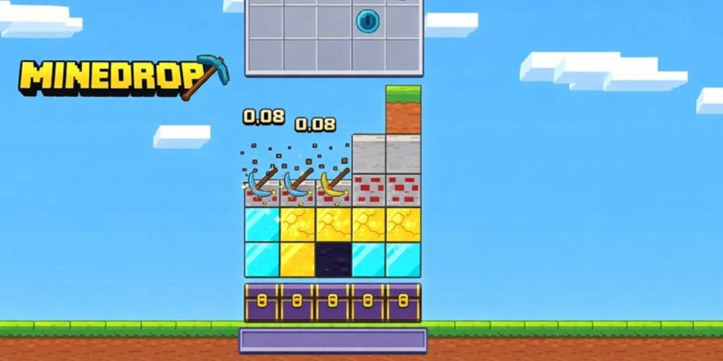 Gameplay de Mine Drop con logo - Características y funciones del juego MineDrop